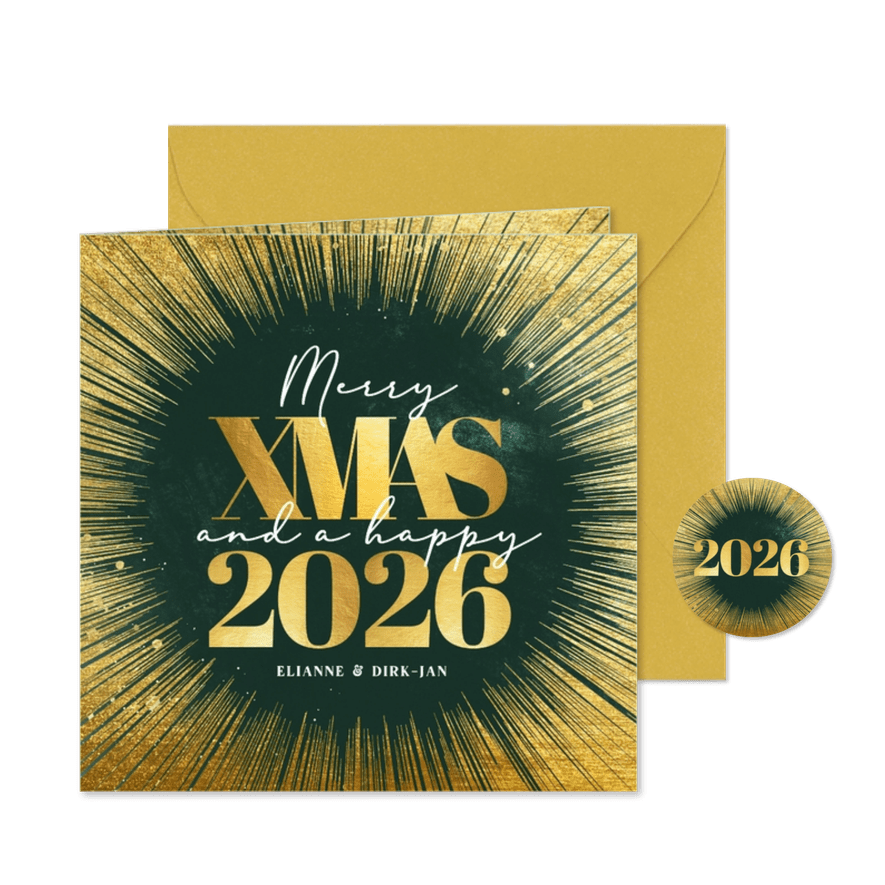 Stijlvolle art-deco stijl kerstkaart met gouden zonnestralen - Kaartimpressie