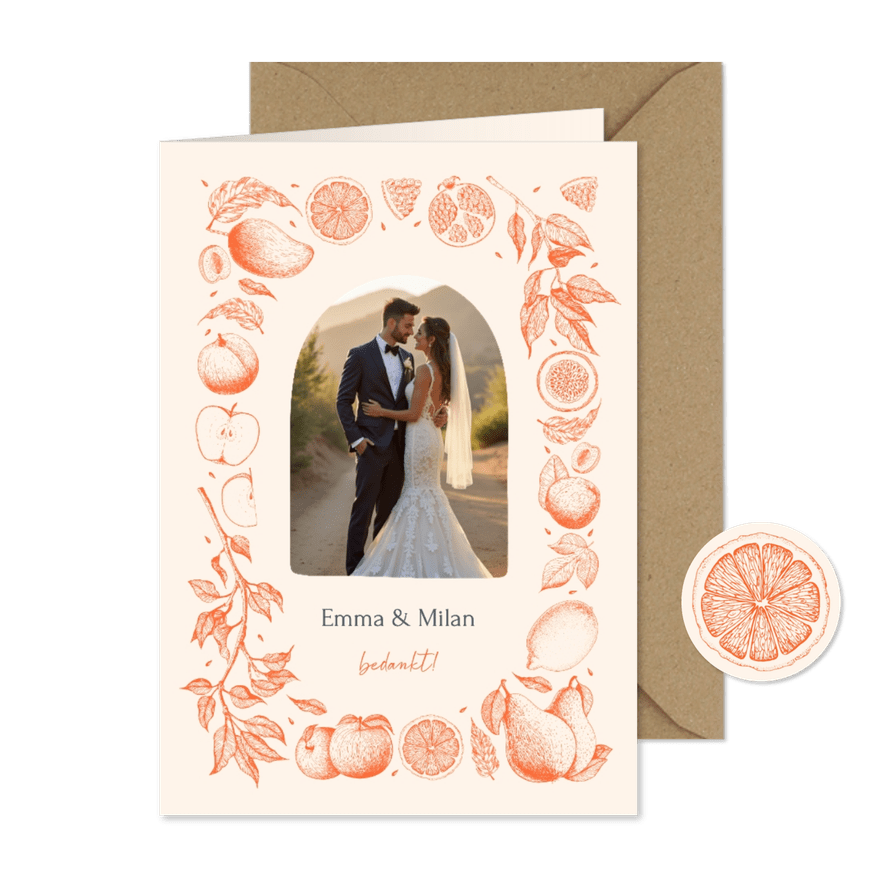 Stijlvolle bedankaart met vintage lijntekeningen van fruit - Kaartimpressie