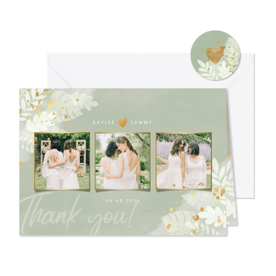 Stijlvolle bedankkaart fotocollage waterverf junglebladeren - Kaartimpressie