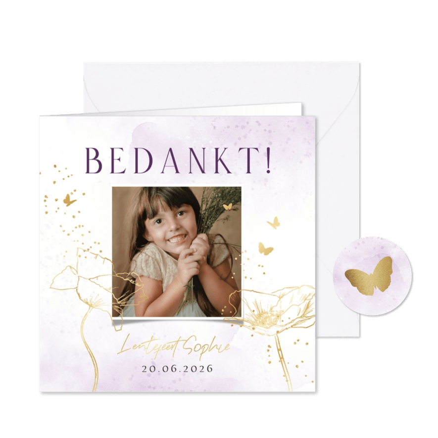 Stijlvolle bedankkaart lentefeest lijnillustratie klaproos - Kaartimpressie