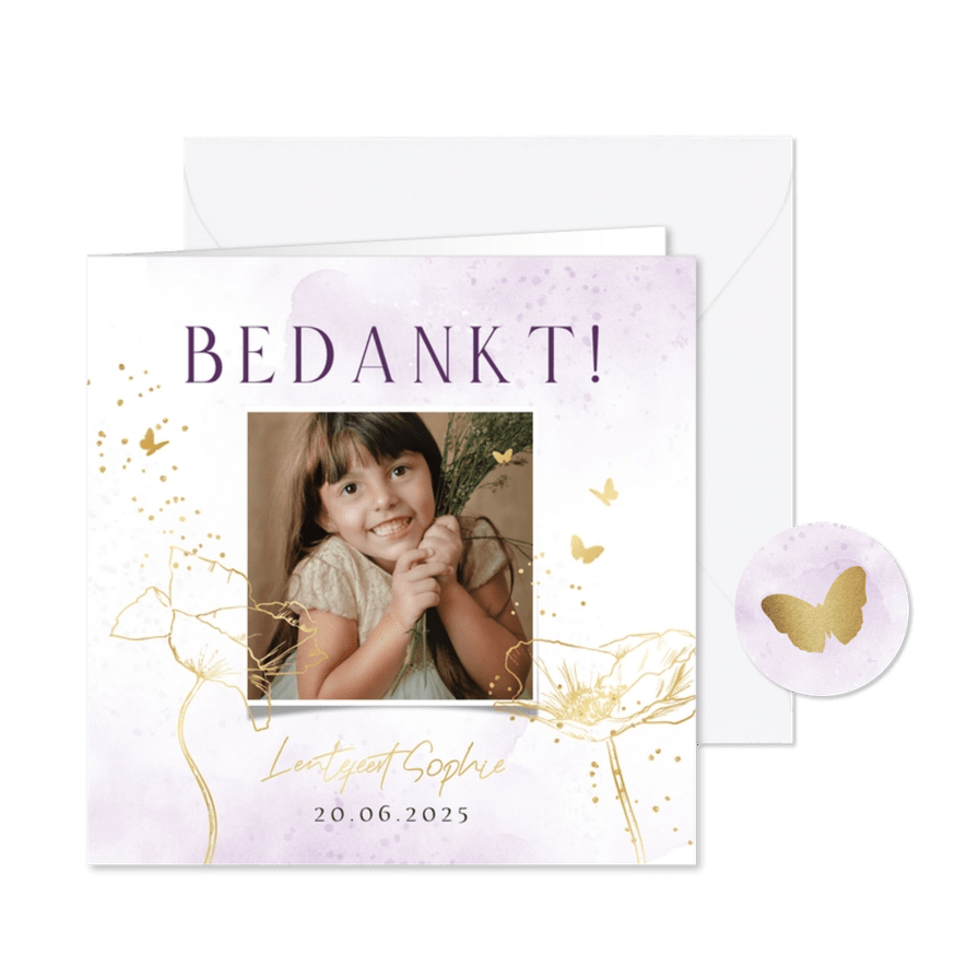 Stijlvolle bedankkaart lentefeest lijnillustratie klaproos - Kaartimpressie