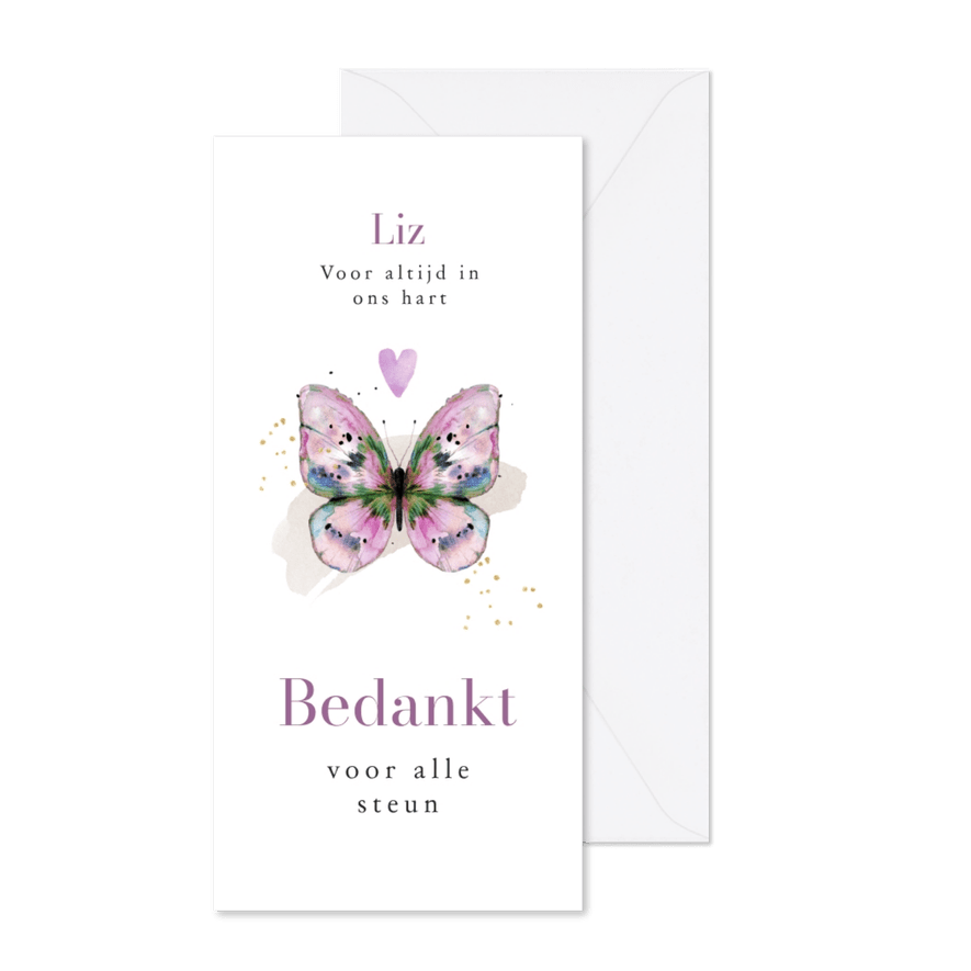 Stijlvolle bedankkaart vlinder watercolor hartje lila - Kaartimpressie