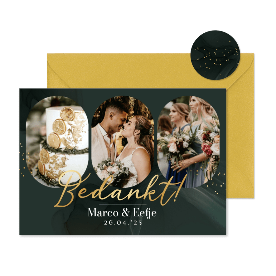 Stijlvolle bedanktkaart soft watercolor groen spetters goud - Kaartimpressie