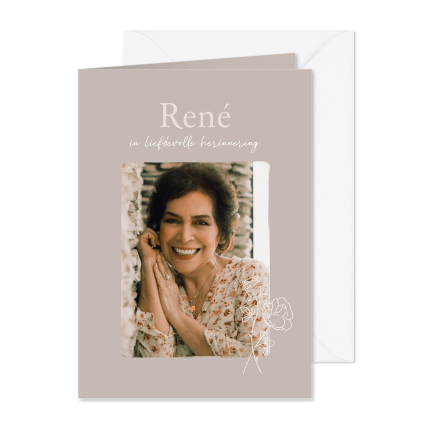Stijlvolle beige bedankkaart met illustratie van roosje rouw - Kaartimpressie