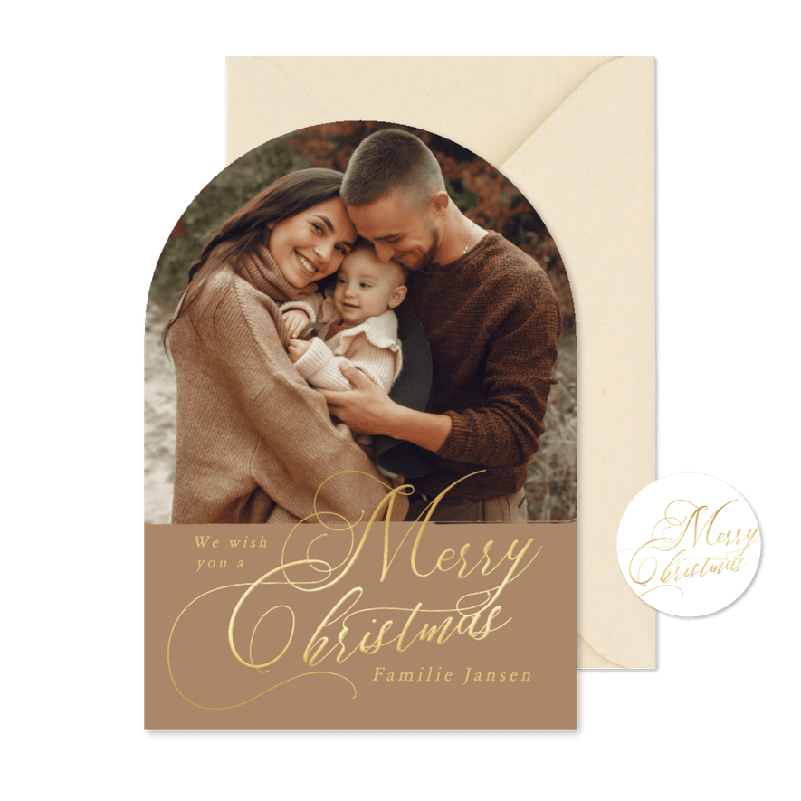 Stijlvolle beige fotokaarten kerst met goud in boogvorm - Kaartimpressie