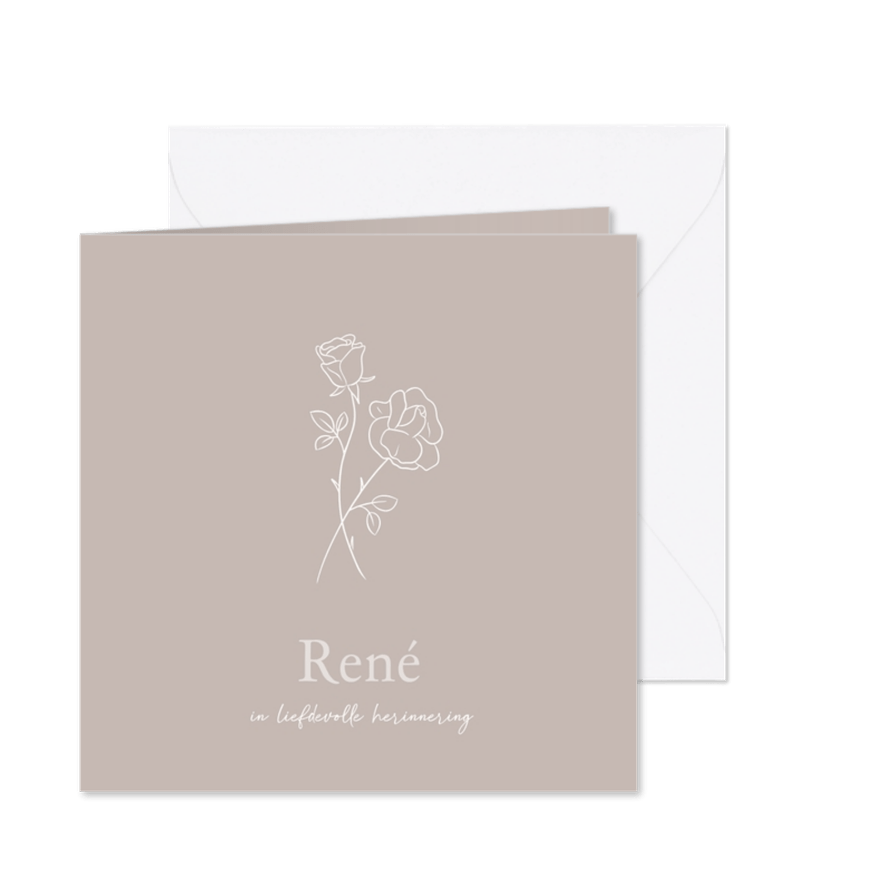 Stijlvolle beige rouwkaart met illustratie van roosje - Kaartimpressie
