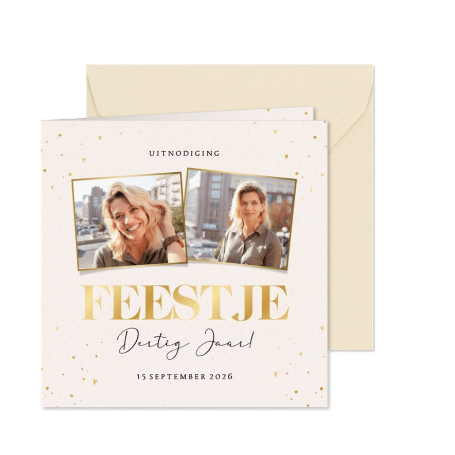 Stijlvolle beige uitnodiging verjaardag feestje met foto's - Kaartimpressie