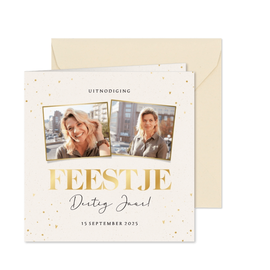 Stijlvolle beige uitnodiging verjaardag feestje met foto's - Kaartimpressie