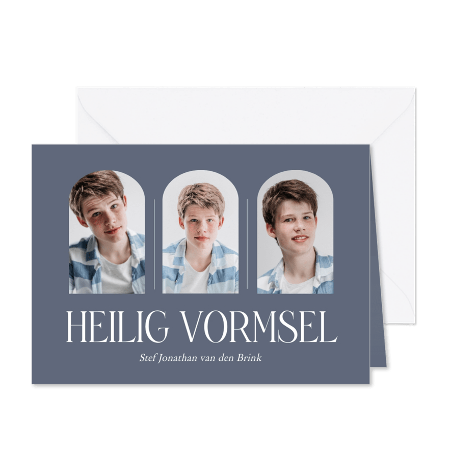 Stijlvolle blauw uitnodiging voor vormsel met eigen foto's - Kaartimpressie