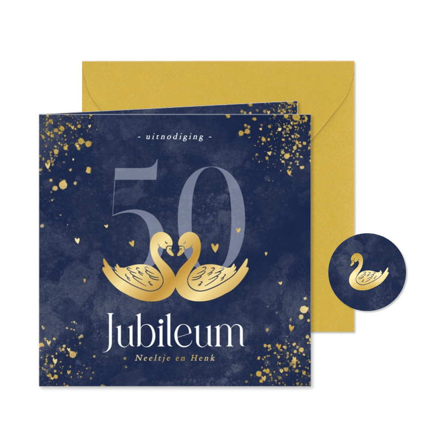 Stijlvolle blauwe 50 jubileum uitnodiging met gouden zwanen - Kaartimpressie