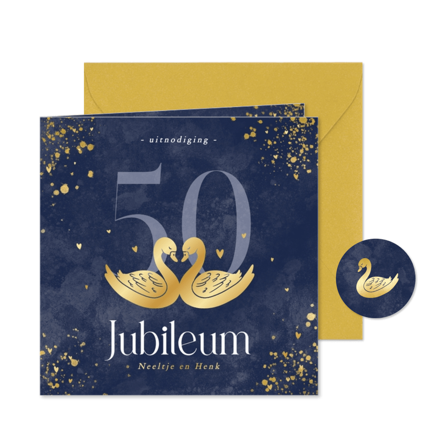 Stijlvolle blauwe 50 jubileum uitnodiging met gouden zwanen - Kaartimpressie