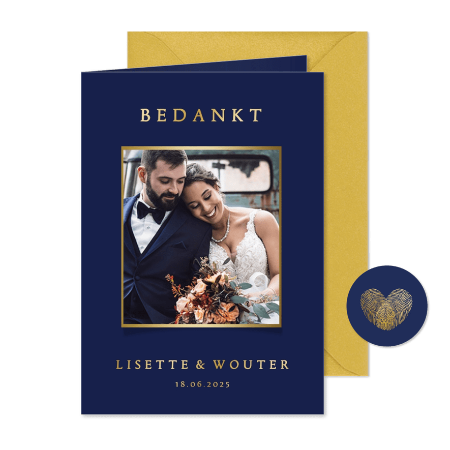 Stijlvolle blauwe bedankkaart trouwen met eigen foto en goud - Kaartimpressie