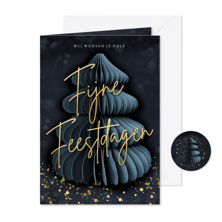 Stijlvolle blauwe kerstkaart met papieren kerstboom en goud - Kaartimpressie