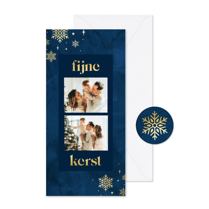 Stijlvolle blauwe kerstkaart met sneeuwvlokken en sterren  - Kaartimpressie