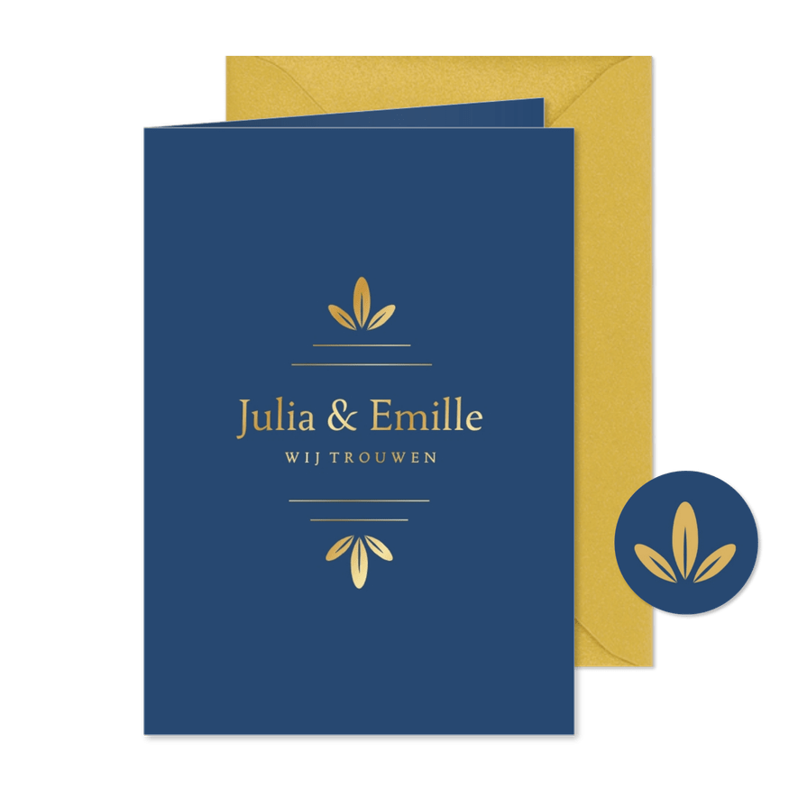 Stijlvolle blauwe trouwkaart met gouden ornament - Kaartimpressie