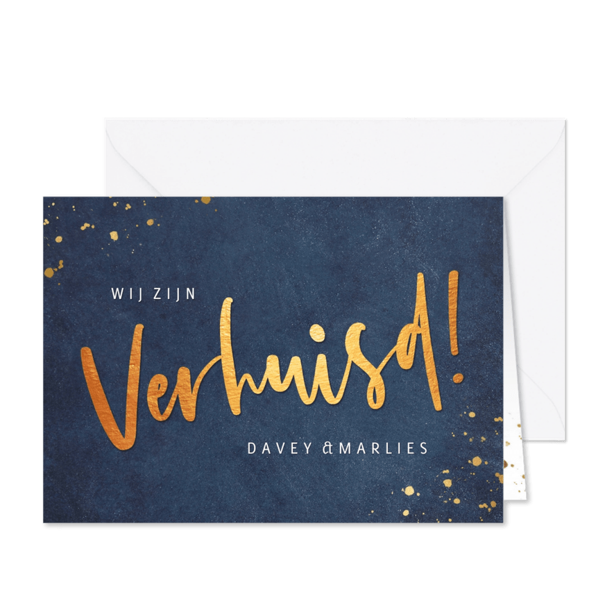Stijlvolle blauwe verhuiskaart met koperkleur verhuisd - Kaartimpressie