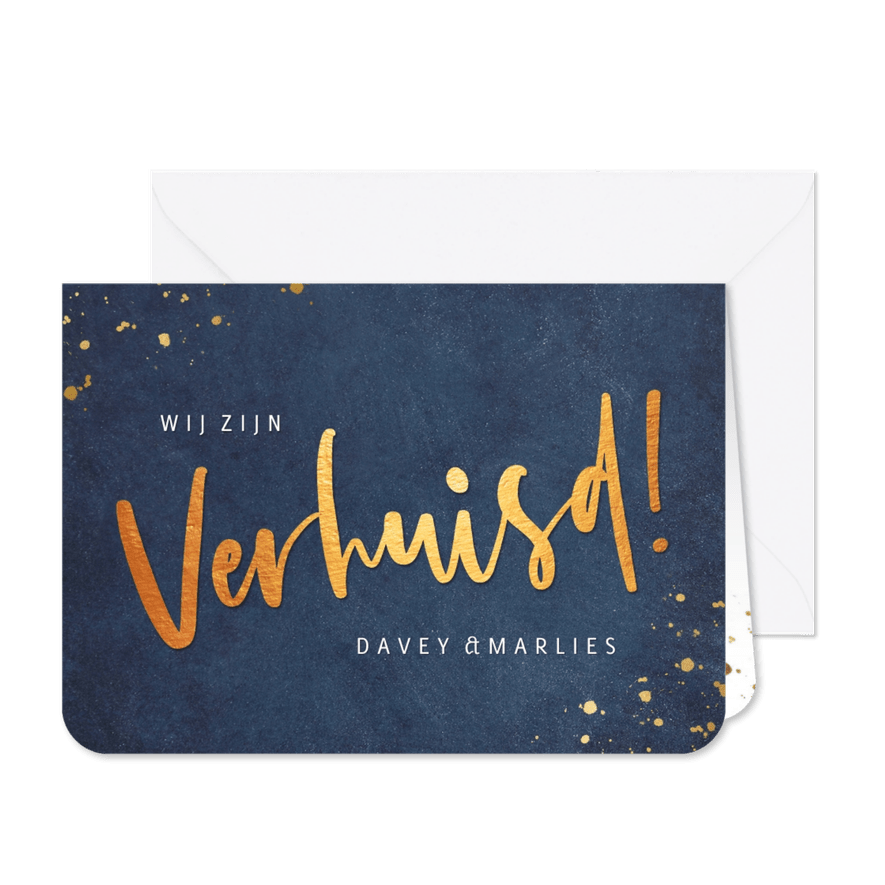 Stijlvolle blauwe verhuiskaart met koperkleur verhuisd - Kaartimpressie