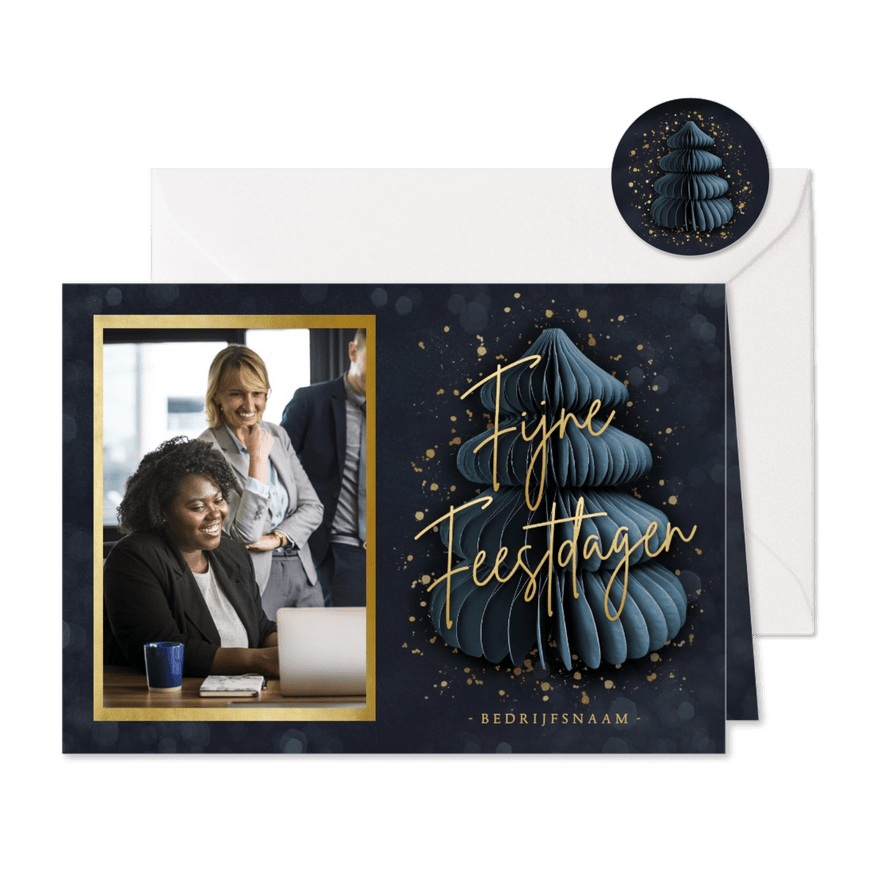 Stijlvolle blauwe zakelijke kerstkaart met goud en kerstboom - Kaartimpressie