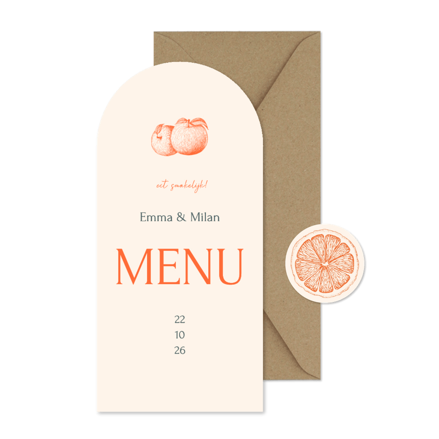 Stijlvolle boogvorm menukaart met lijntekening van fruit - Kaartimpressie