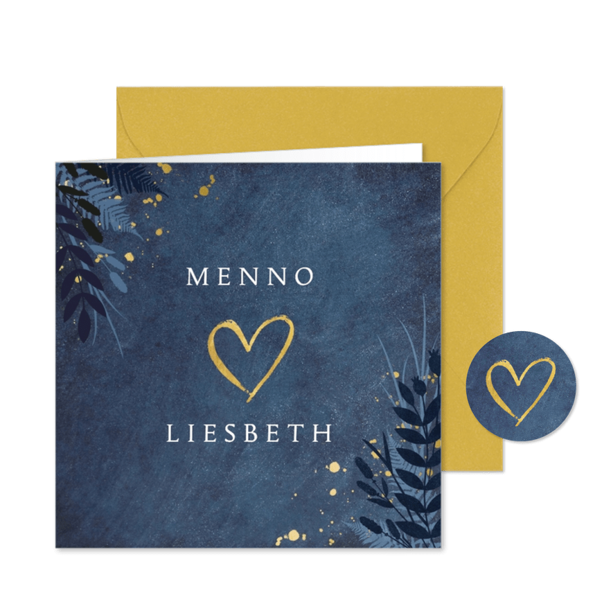 Stijlvolle botanisch trouwkaart met gouden hart en namen. - Kaartimpressie