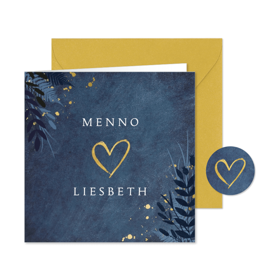 Stijlvolle botanisch trouwkaart met gouden hart en namen. - Kaartimpressie