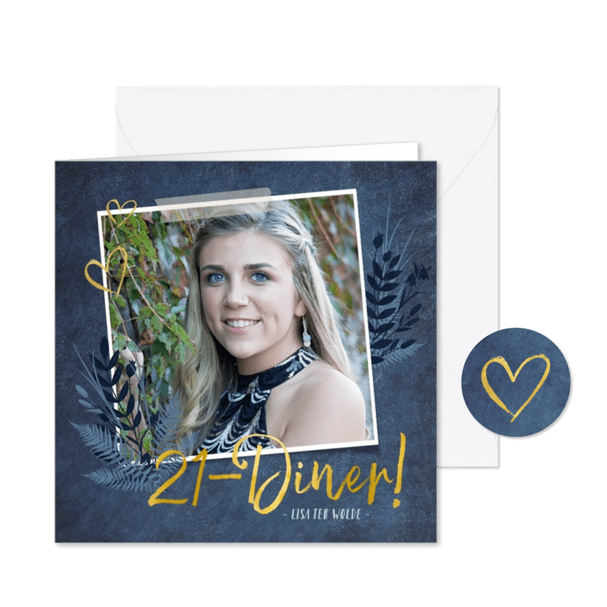 Stijlvolle botanische 21-diner uitnodigingskaart donkerblauw - Kaartimpressie