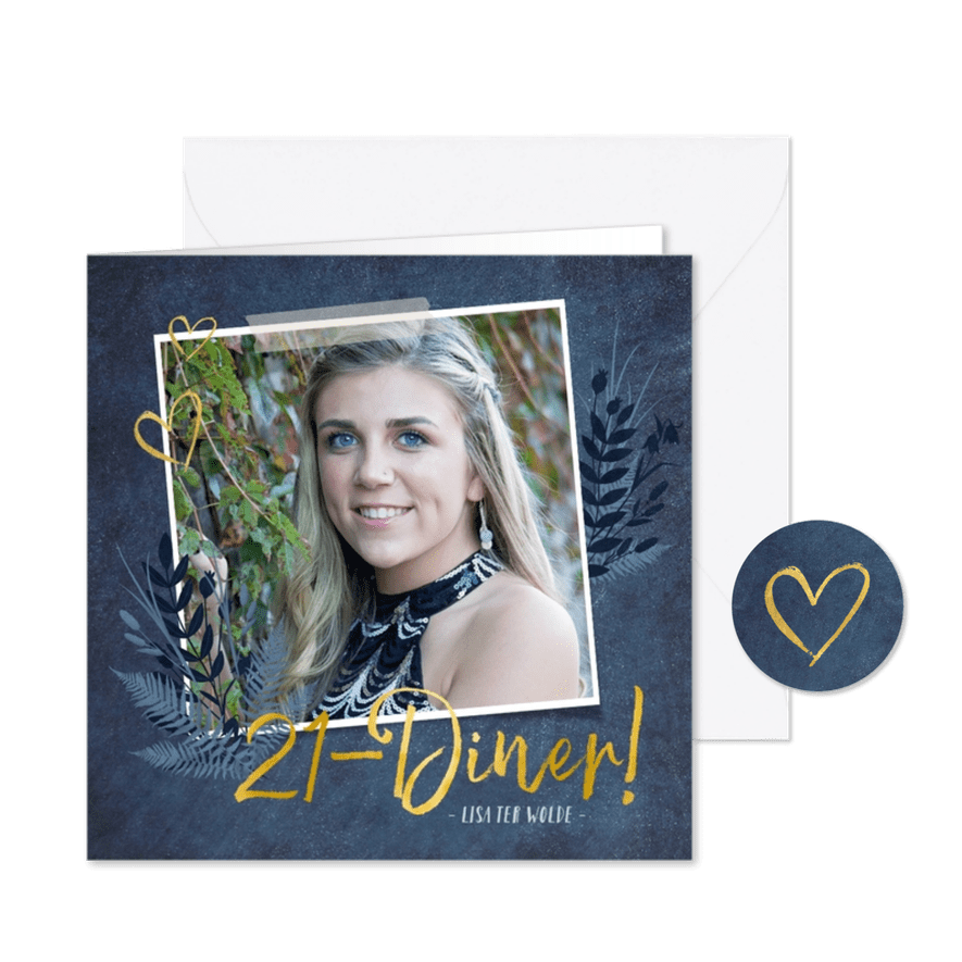 Stijlvolle botanische 21-diner uitnodigingskaart donkerblauw - Kaartimpressie