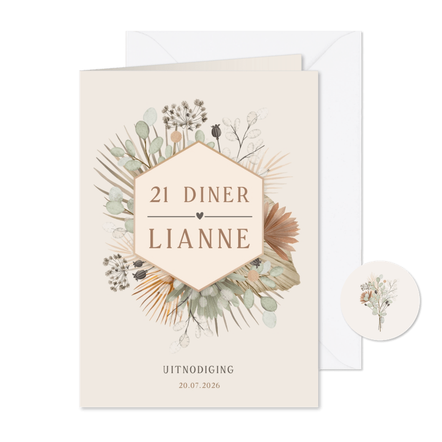 Stijlvolle botanische bohemian uitnodiging 21 diner - Kaartimpressie