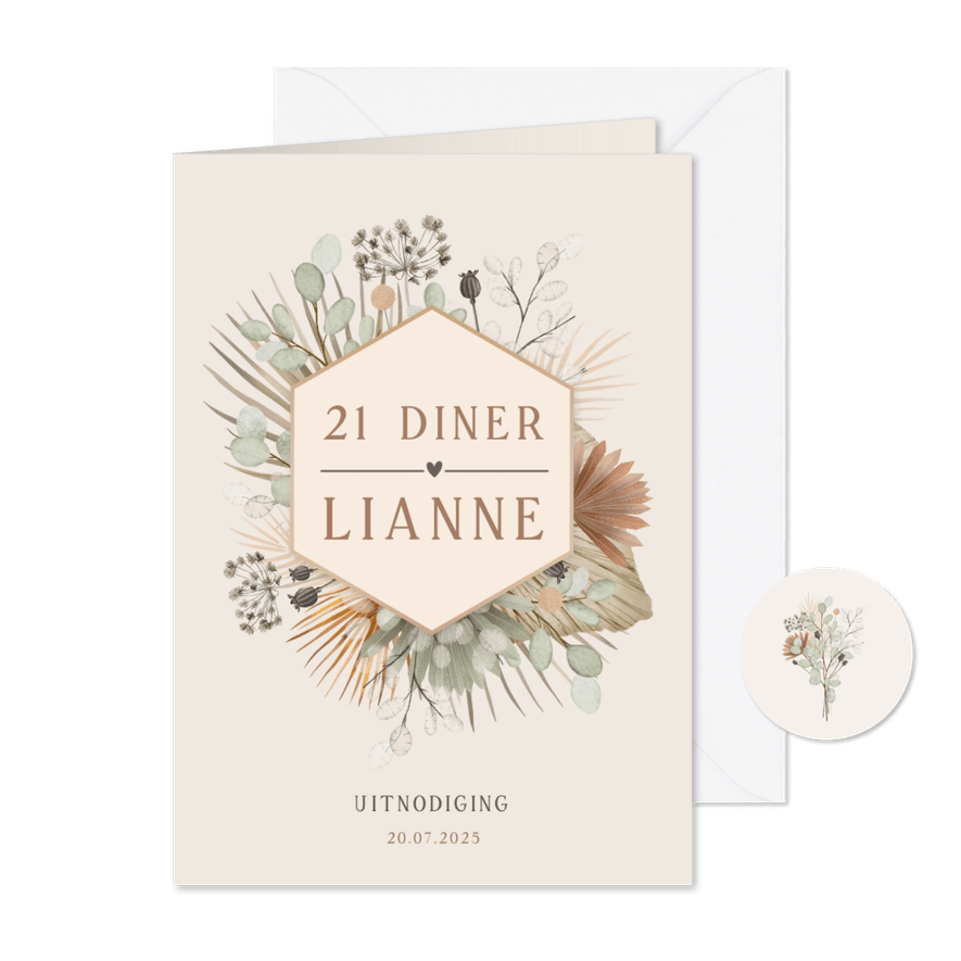 Stijlvolle botanische bohemian uitnodiging 21 diner - Kaartimpressie