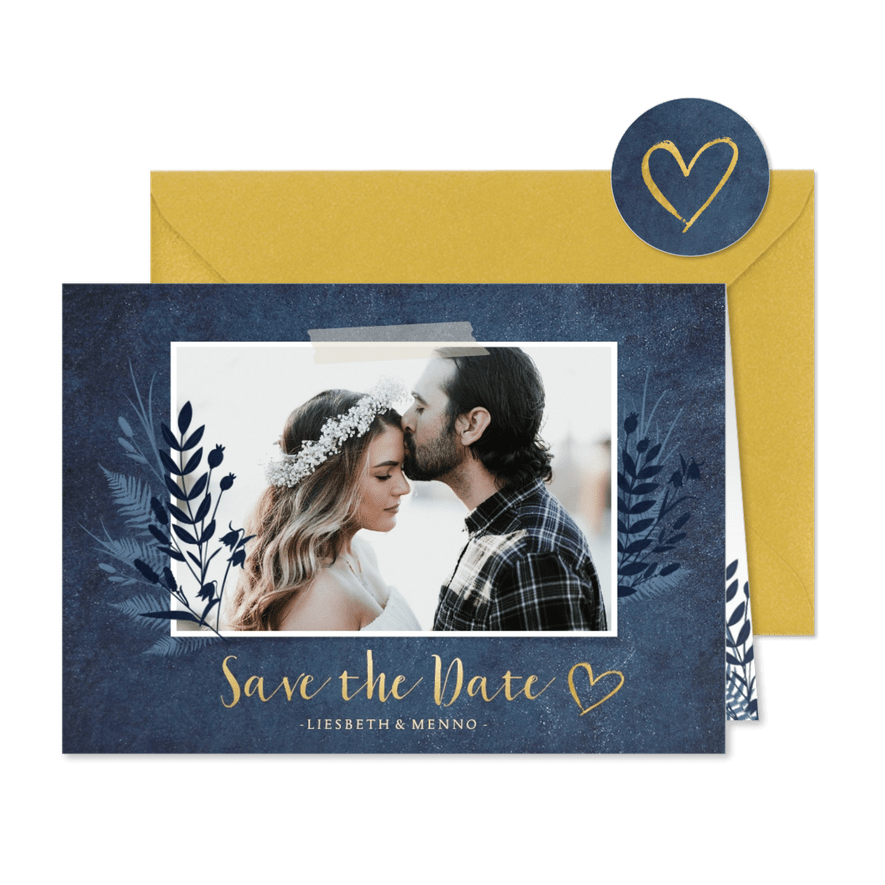 Stijlvolle  botanische Save the Date kaart met eigen foto - Kaartimpressie