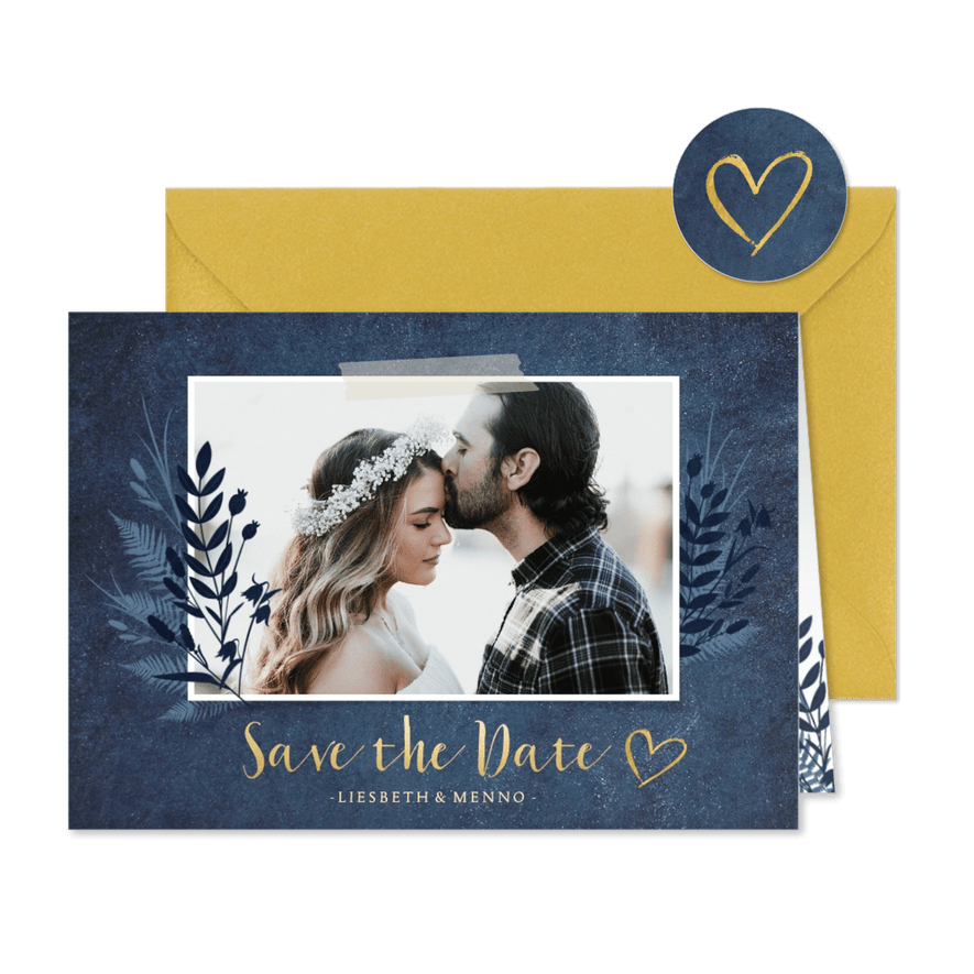Stijlvolle botanische Save the Date kaart met eigen foto - Kaartimpressie