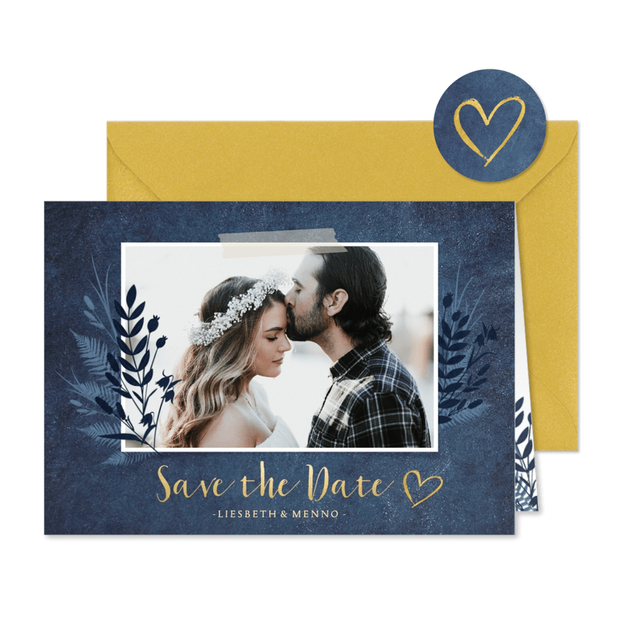 Stijlvolle botanische Save the Date kaart met eigen foto - Kaartimpressie