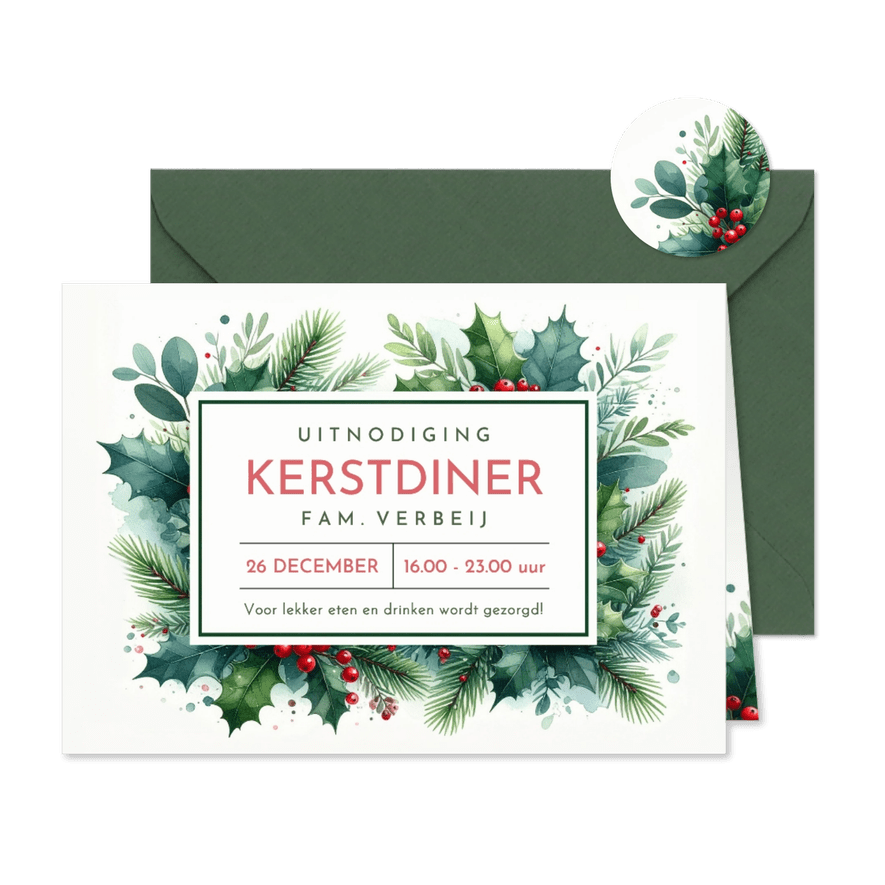 Stijlvolle botanische uitnodiging kerstdiner met takjes - Kaartimpressie