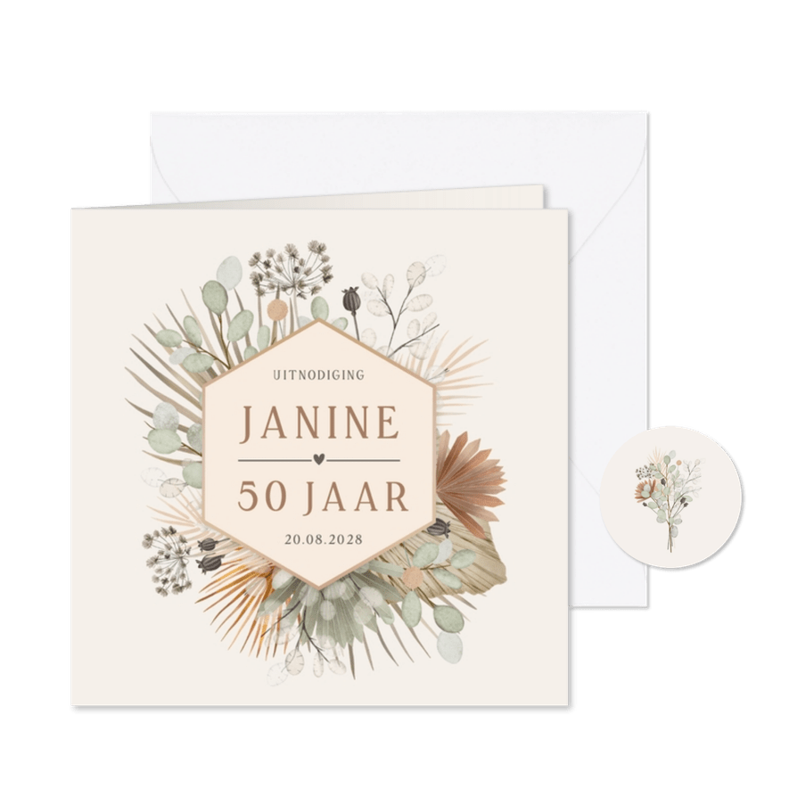 Stijlvolle botanische uitnodiging verjaardag droogbloemen - Kaartimpressie