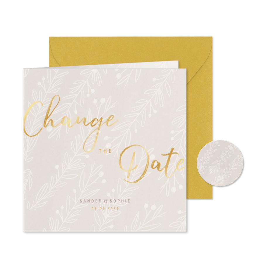 Stijlvolle Change the Date goudlook tekst naturel takjes - Kaartimpressie