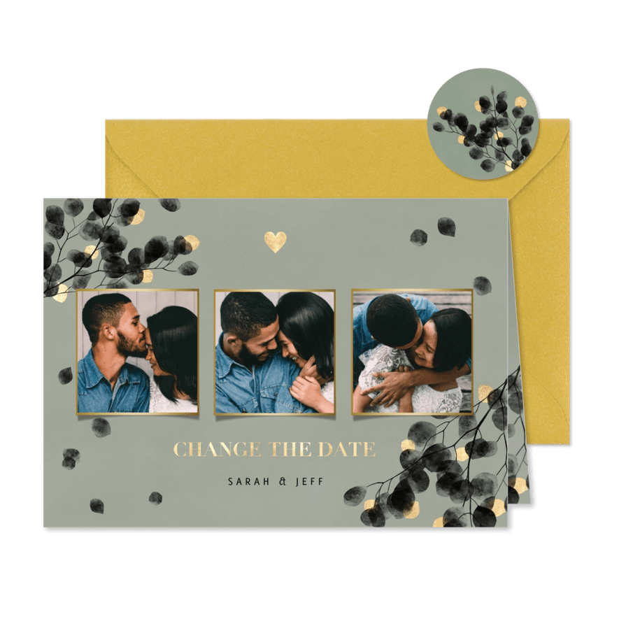 Stijlvolle change the date kaart zwarte eucalyptus en hartje - Kaartimpressie