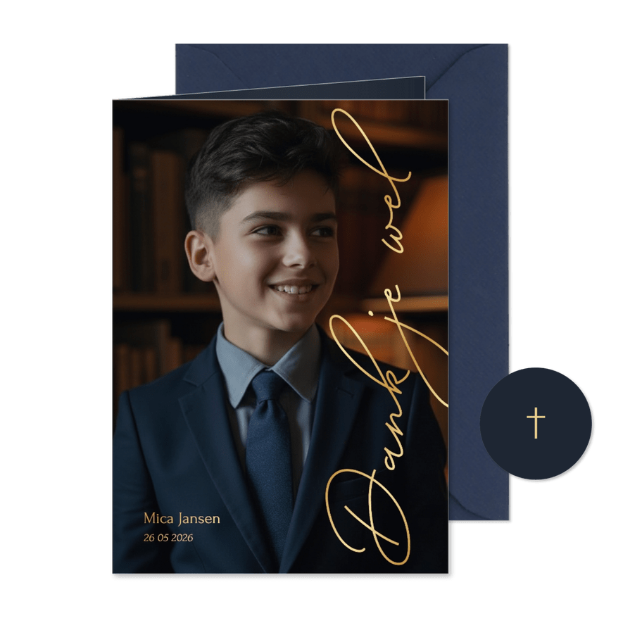 Stijlvolle communie bedankkaart met grote foto en foliedruk - Kaartimpressie