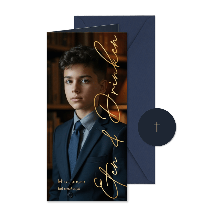Stijlvolle communie menukaart met grote foto en foliedruk - Kaartimpressie