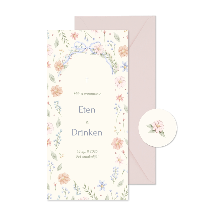 Stijlvolle communie menukaart strik met aquarel bloemen - Kaartimpressie