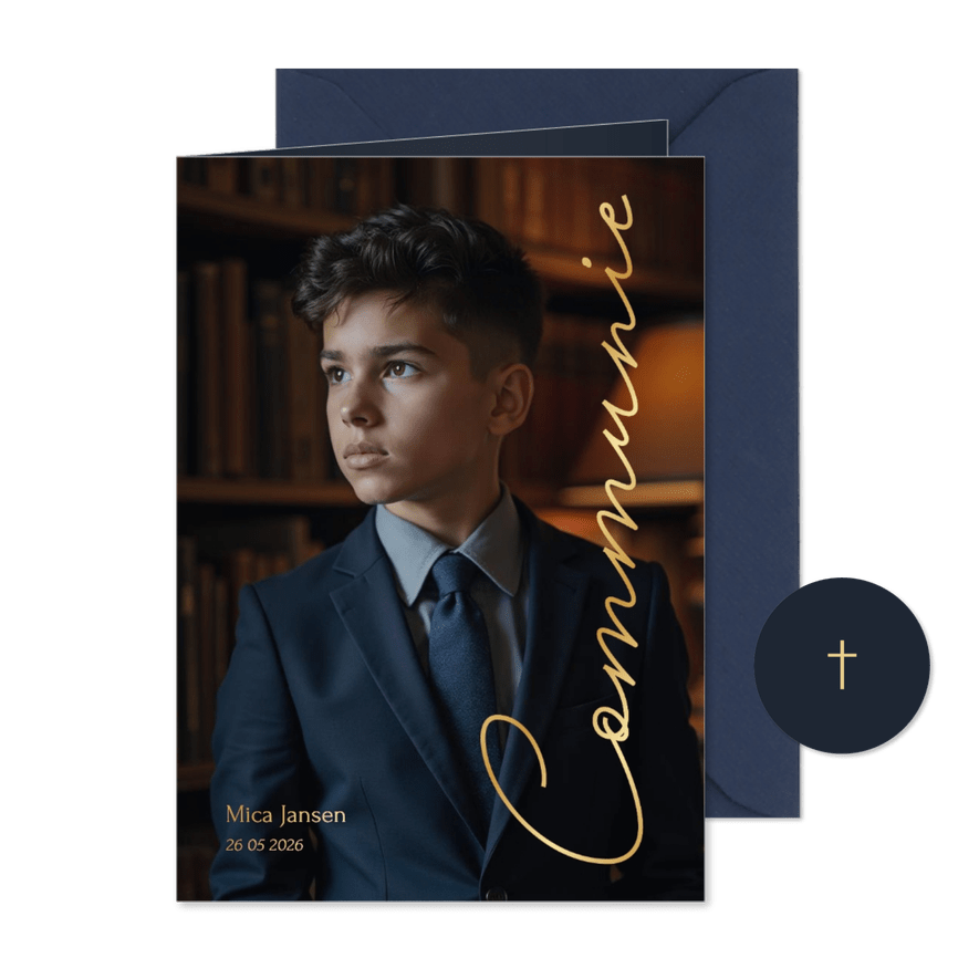 Stijlvolle communie uitnodiging met grote foto en foliedruk - Kaartimpressie