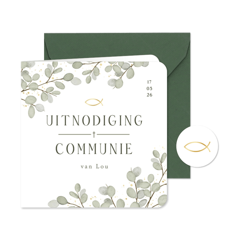 Stijlvolle communie uitnodiging wit met Eucalyptus takjes - Kaartimpressie