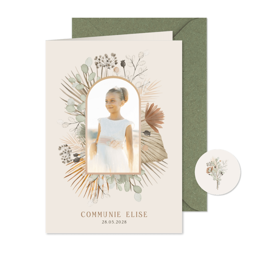 Stijlvolle communiekaart met droogbloemen en eigen foto - Kaartimpressie