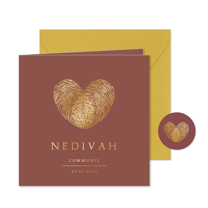 Stijlvolle communiekaart met hart uit vingerafdrukken - Kaartimpressie
