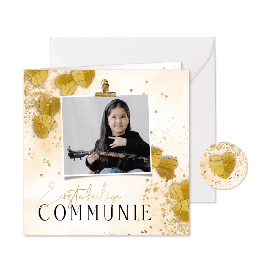 Stijlvolle communiekaart waterverf confetti goud foto - Kaartimpressie