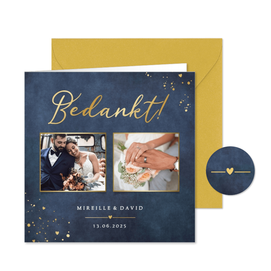 Stijlvolle donkerblauwe bedankkaart trouwdag met 2 foto's - Kaartimpressie