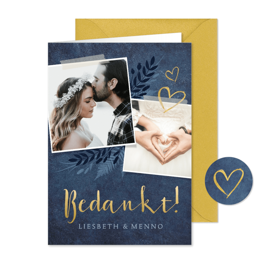 Stijlvolle donkerblauwe botanische bedankkaart huwelijk - Kaartimpressie