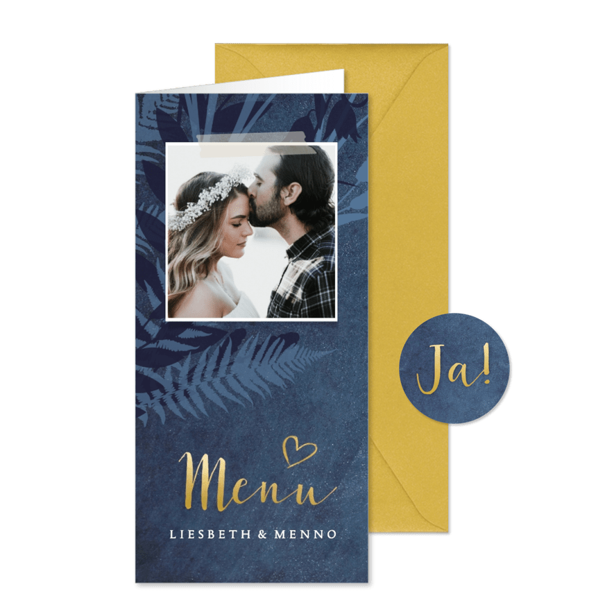 Stijlvolle donkerblauwe botanische trouw menukaart   - Kaartimpressie