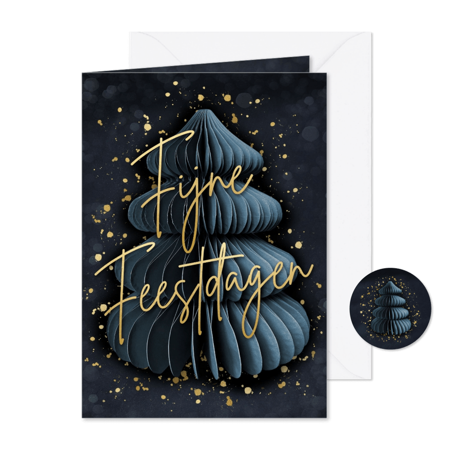 Stijlvolle donkerblauwe kerstboom kerstkaart met goud - Kaartimpressie