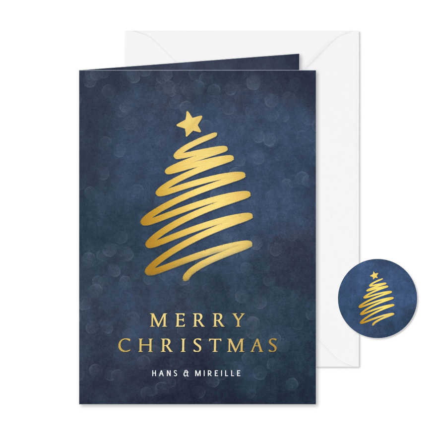 Stijlvolle donkerblauwe kerstkaart met een lijn kerstboom - Kaartimpressie