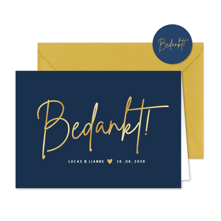 Stijlvolle donkerblauwe minimalistische bedankkaart trouwen - Kaartimpressie
